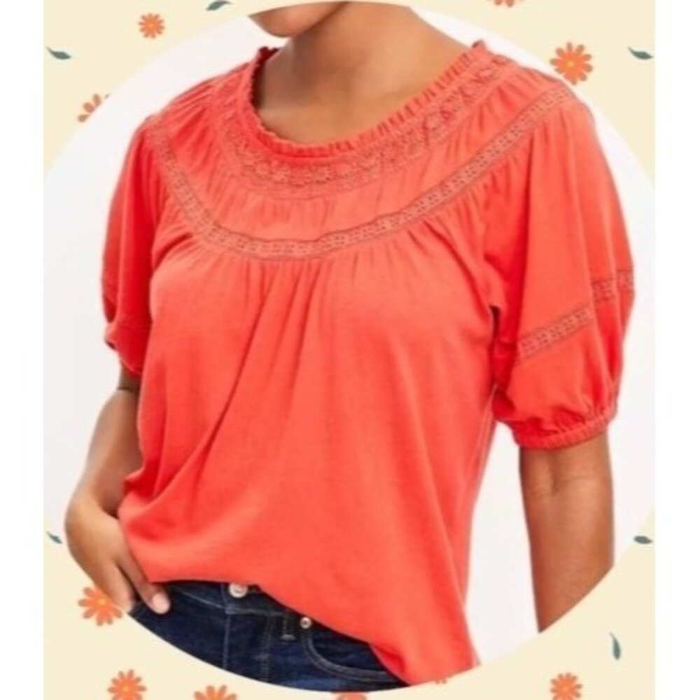 LOFT Women's Petite Lace Trim Peasant Top 100% Cotton Size M